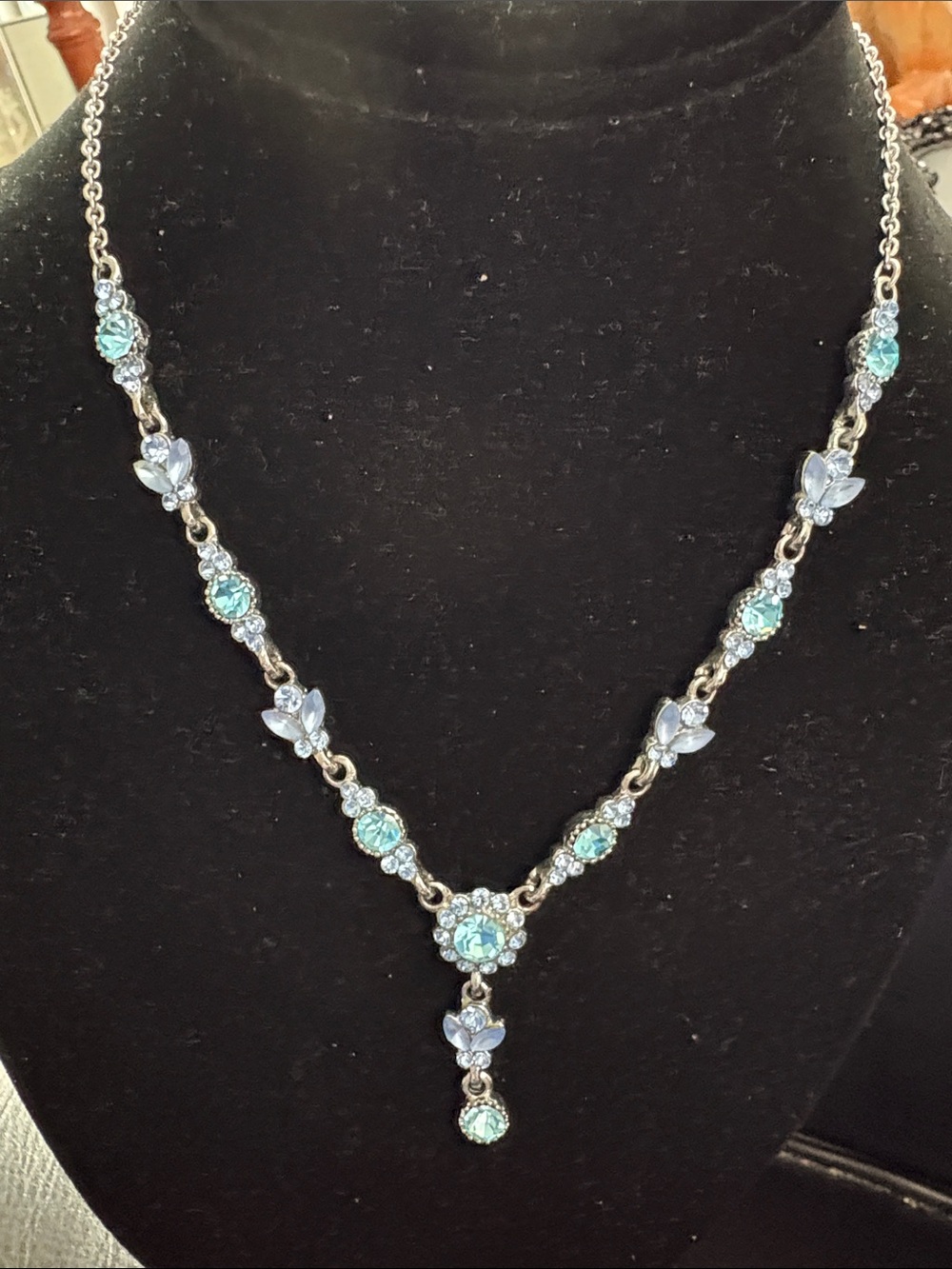 Vintage Silver-Tone Rhinestone Y Drop Blue Crystal Necklace. Mid Century
